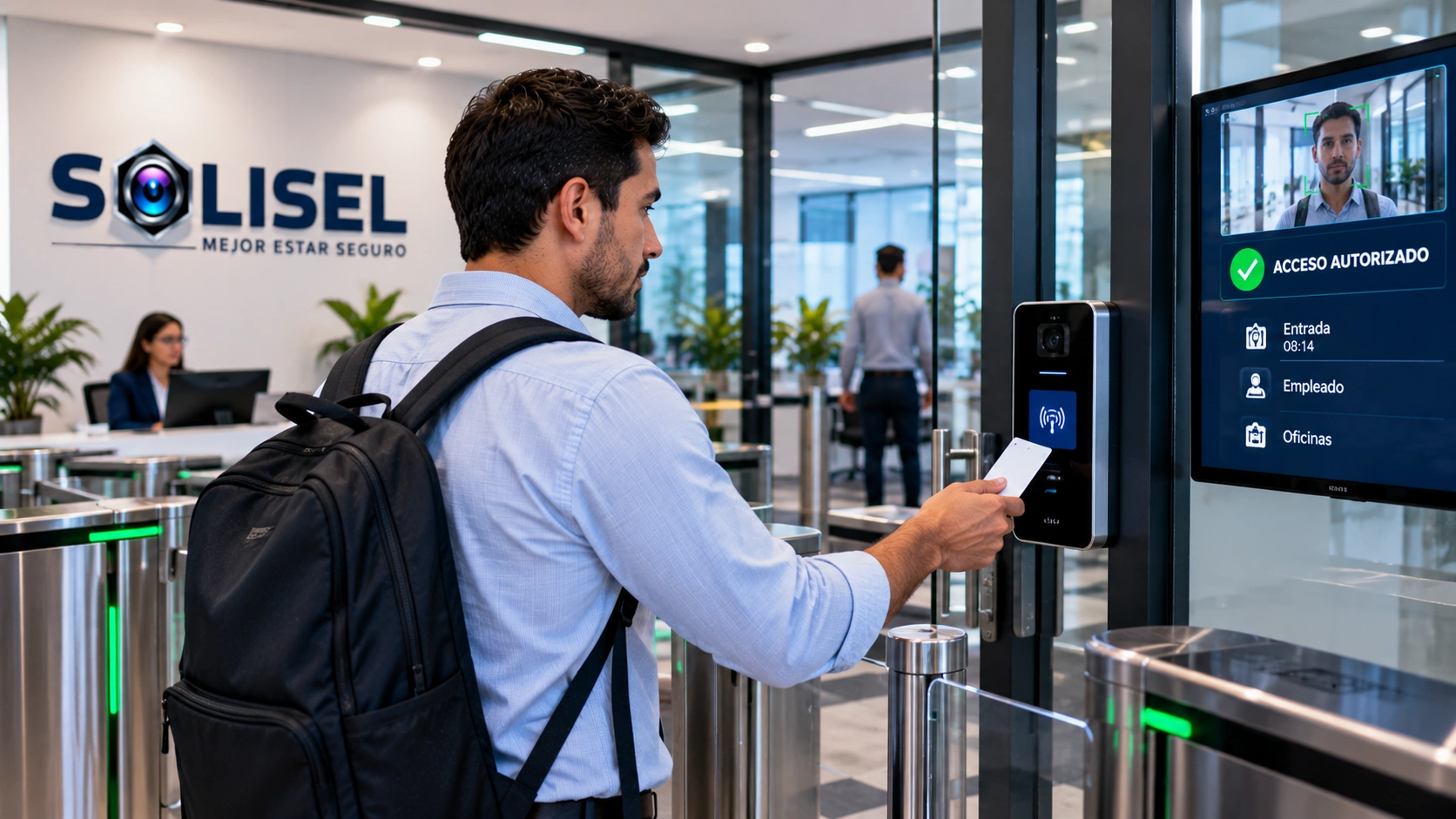 Lector de control de acceso facial en la entrada de una oficina