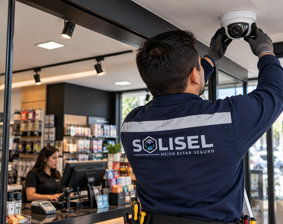Cámara de seguridad instalada por SOLISEL sobre la caja de un local comercial