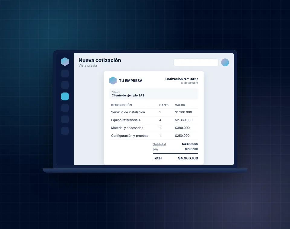 Software de cotizaciones mostrando una cotización con la marca de la empresa, lista para enviar por WhatsApp o en PDF