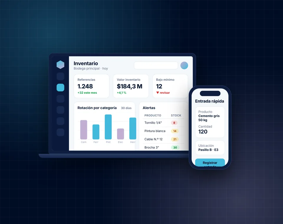 Software de inventarios en un portátil con indicadores, rotación por categoría y alertas, y registro de entradas en el celular